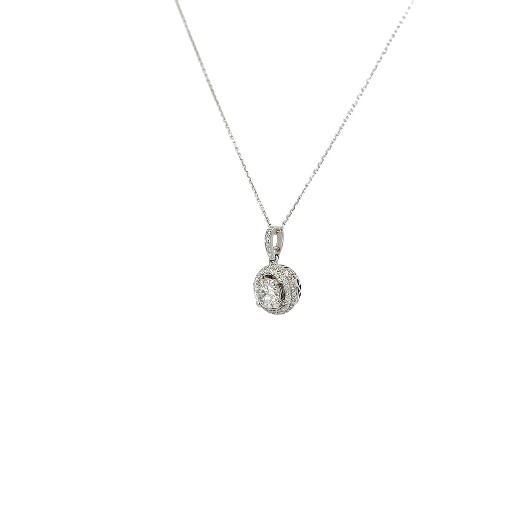 18k White Gold .61ct Center Round Diamond and along Halo .32ct G VS2 Round Diamond Solitaire Necklace
