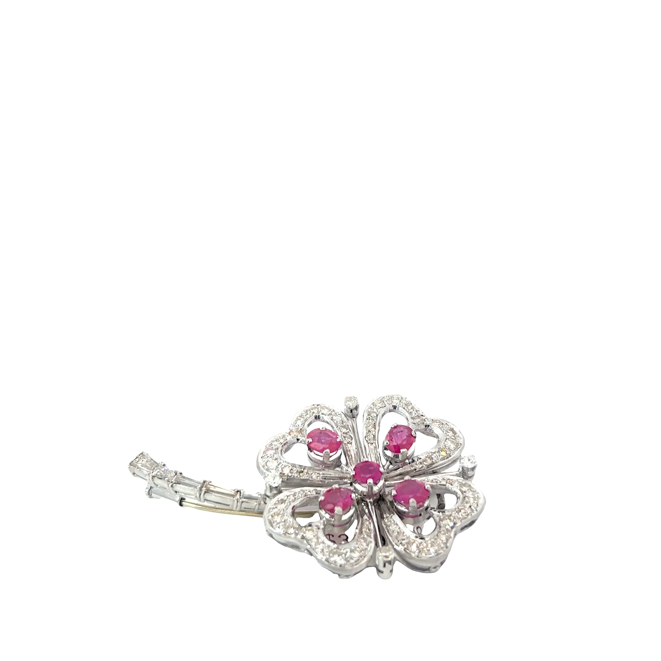 Platinum Vintage 4 Heart Leaf Clover 2.00ct Round Burma Ruby and 2.00ct G VS2 Round Single Cut and Baguette Diamond Pendant