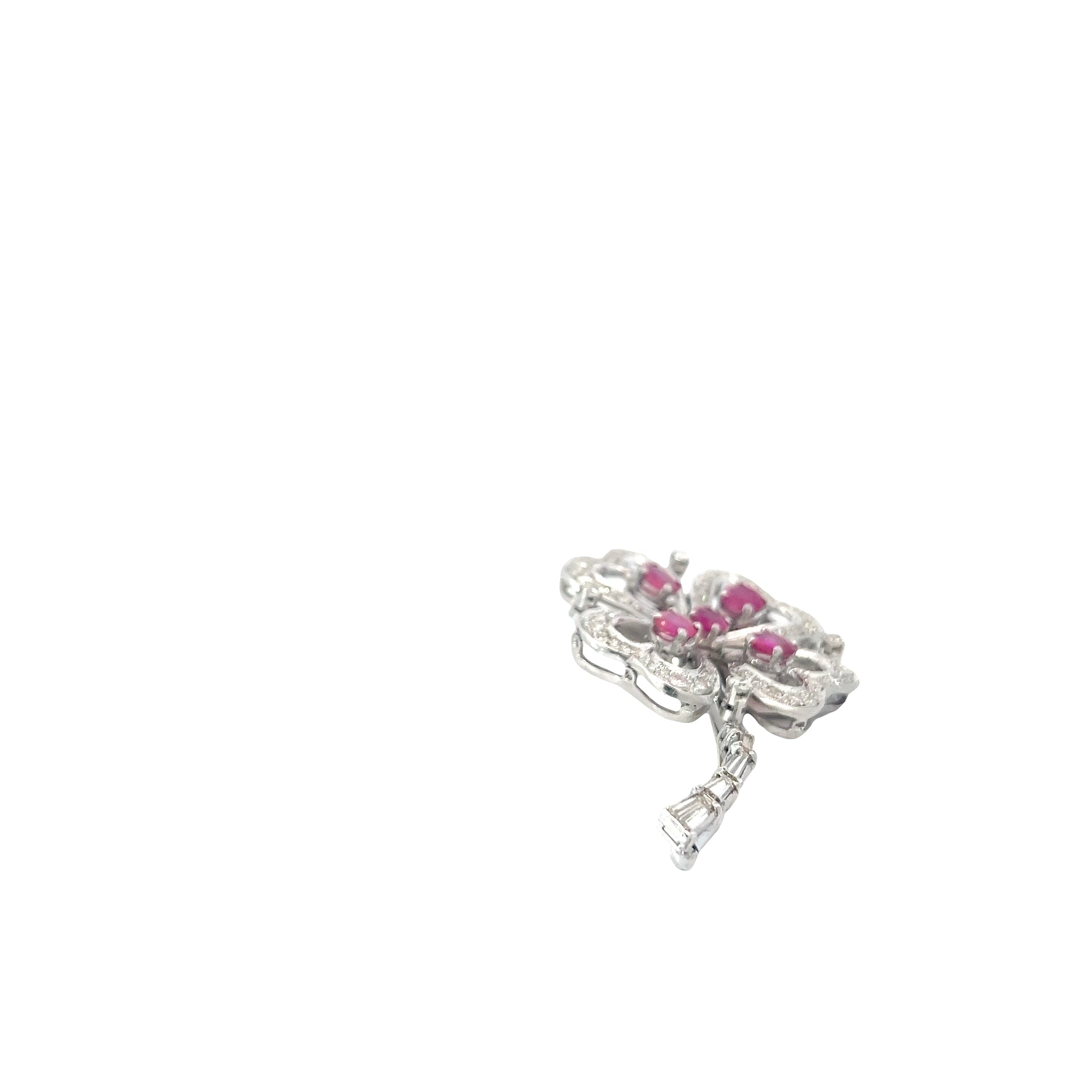 Platinum Vintage 4 Heart Leaf Clover 2.00ct Round Burma Ruby and 2.00ct G VS2 Round Single Cut and Baguette Diamond Pendant