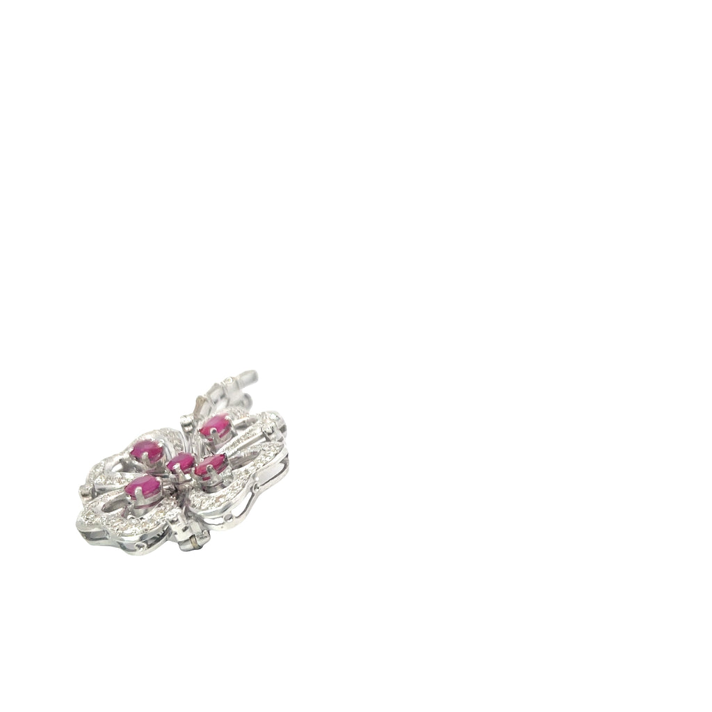 Platinum Vintage 4 Heart Leaf Clover 2.00ct Round Burma Ruby and 2.00ct G VS2 Round Single Cut and Baguette Diamond Pendant