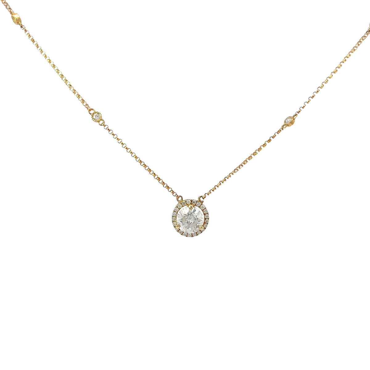 14k Yellow Gold 1.20ct F SI1 Center Round Diamond and along Halo .30ct F SI1 Round Solitaire Necklace