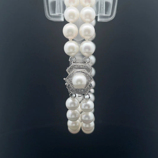 14k White Gold Double Strand Fresh Water White Pearl 7mm and .25ct G SI1 Round Diamond Bracelet