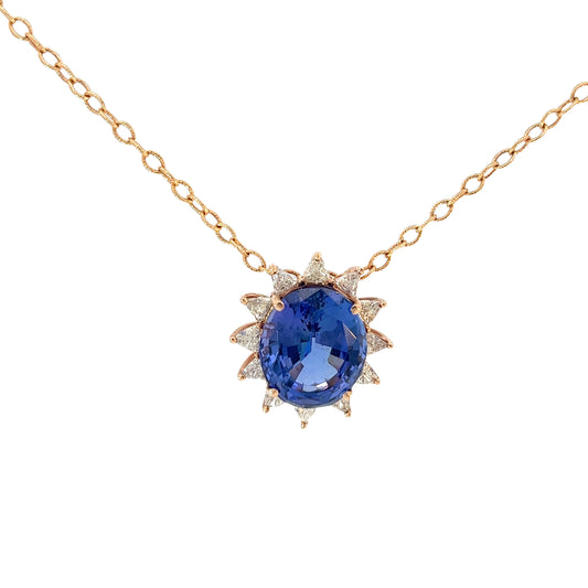 14k Rose Gold 18.36ct Oval Tanzanite and 1.85ct G SI1 Trillion Diamond Necklace