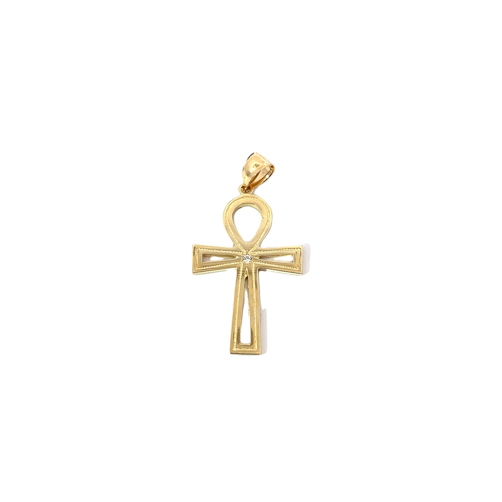 14k Yellow Gold .05ct G SI1 Round Diamond Ankh Cross Pendant 4.8 gram
