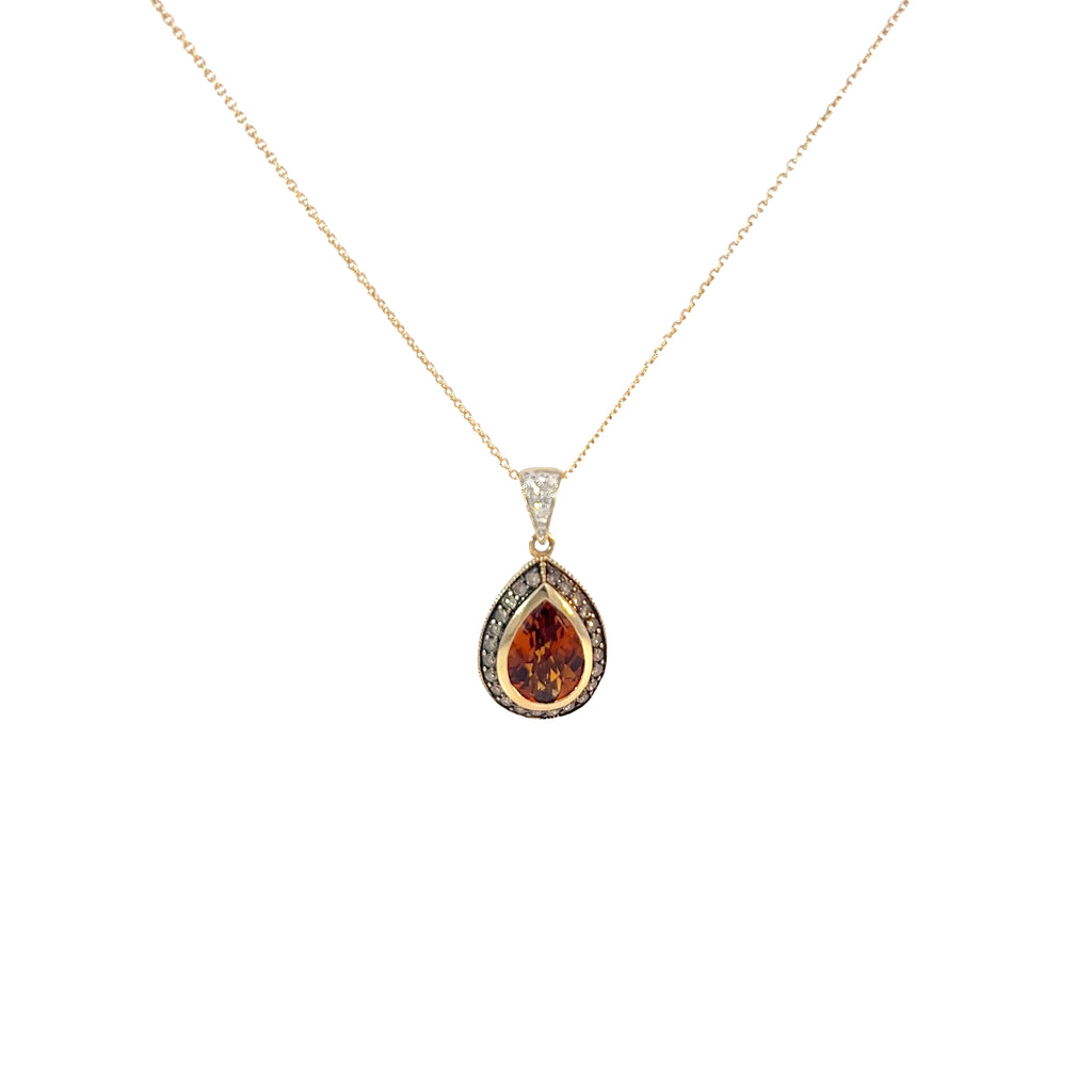 14k Yellow Gold 1.30ct Pear Shape Orange Citrine and .32ct G SI1 Total Weight of Chocolate and White Diamond Necklace