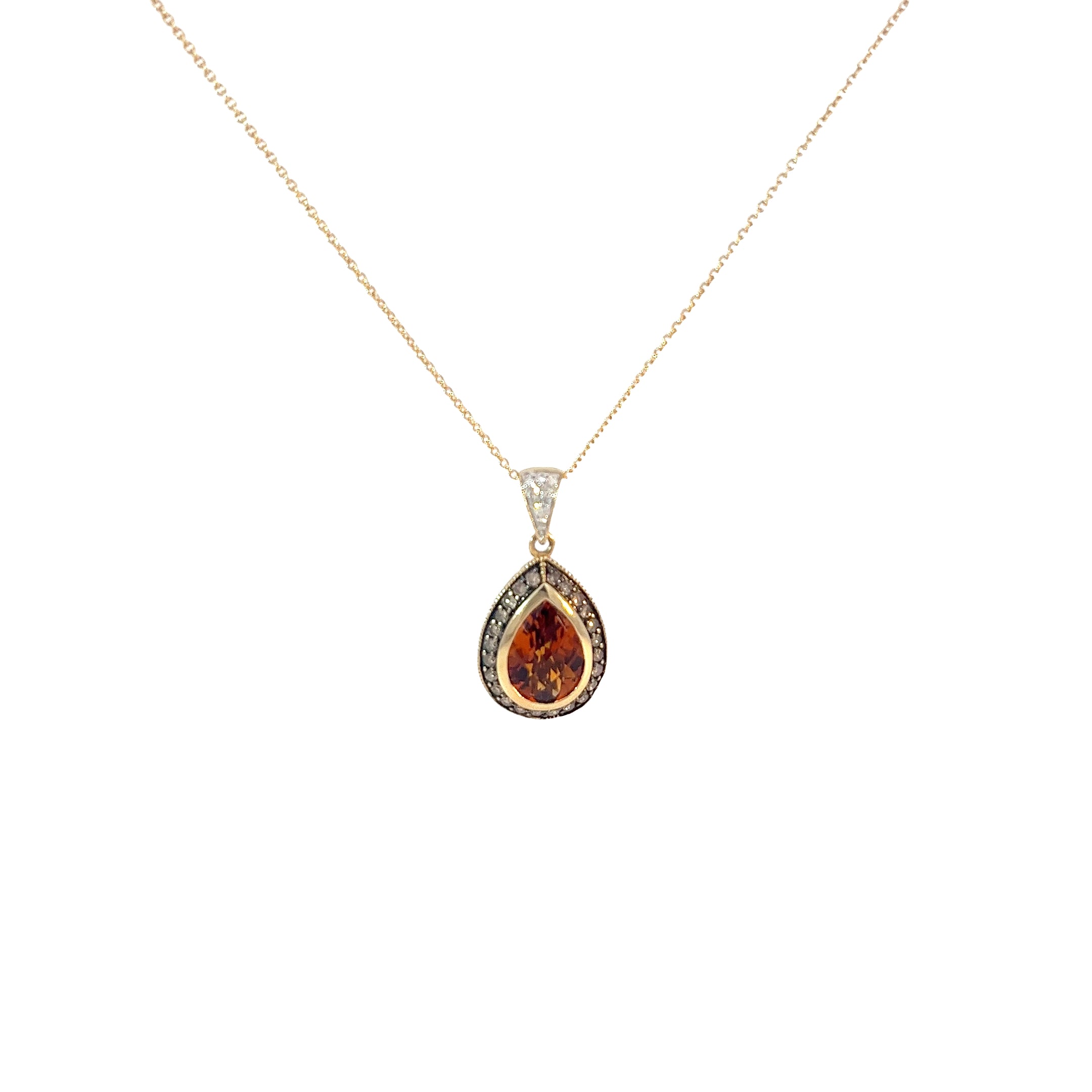 14k Yellow Gold 1.30ct Pear Shape Orange Citrine and .32ct G SI1 Total Weight of Chocolate and White Diamond Necklace