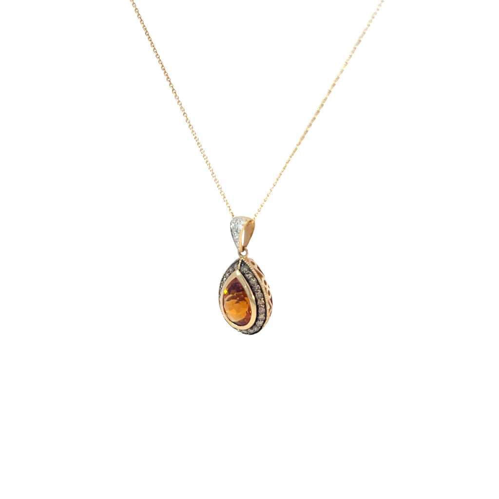 14k Yellow Gold 1.30ct Pear Shape Orange Citrine and .32ct G SI1 Total Weight of Chocolate and White Diamond Necklace