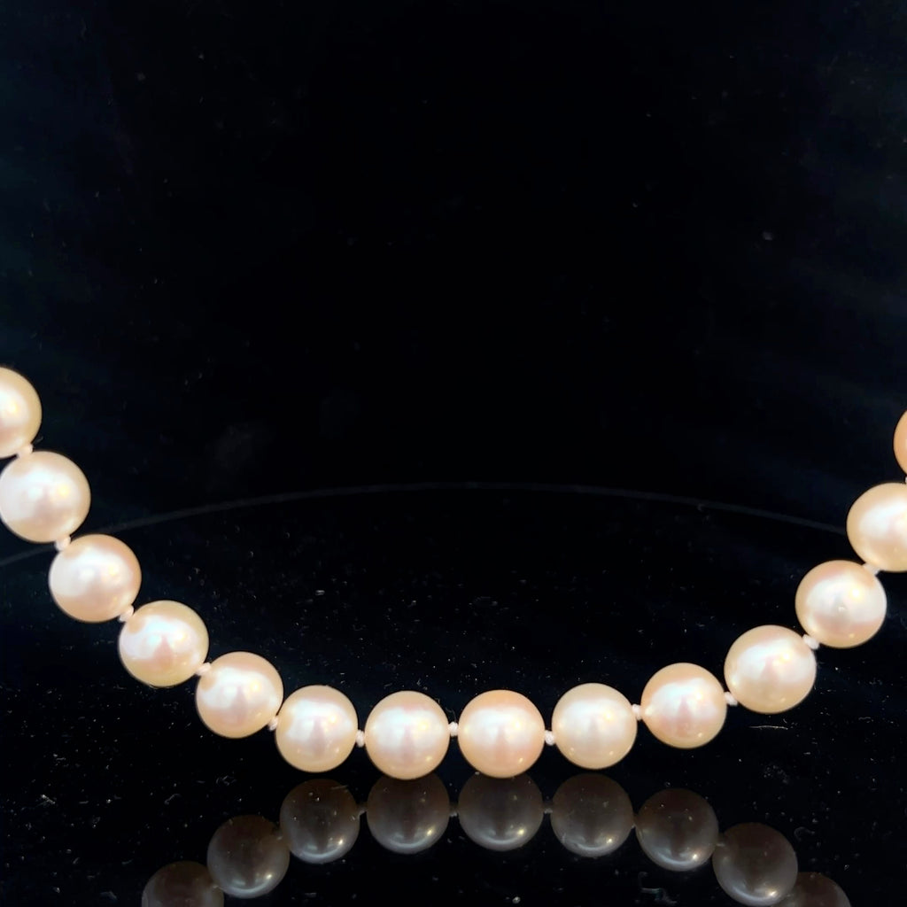 Natural Japanese Akoya Pearl 9mm perfectly matched and perfectly Round with Creamy Pink Luster Opera Length with Invisible Clasps Necklace 34" inch