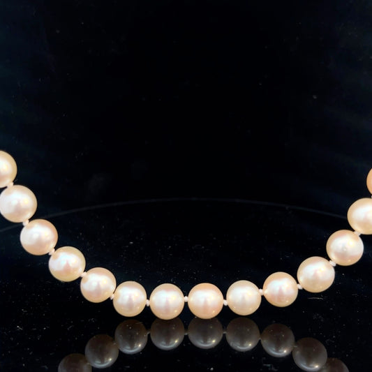 Natural Japanese Akoya Pearl 9mm Perfectly Matched and Perfectly Round with Creamy Pink Luster Opera Length with Invisible Clasps Necklace 34"