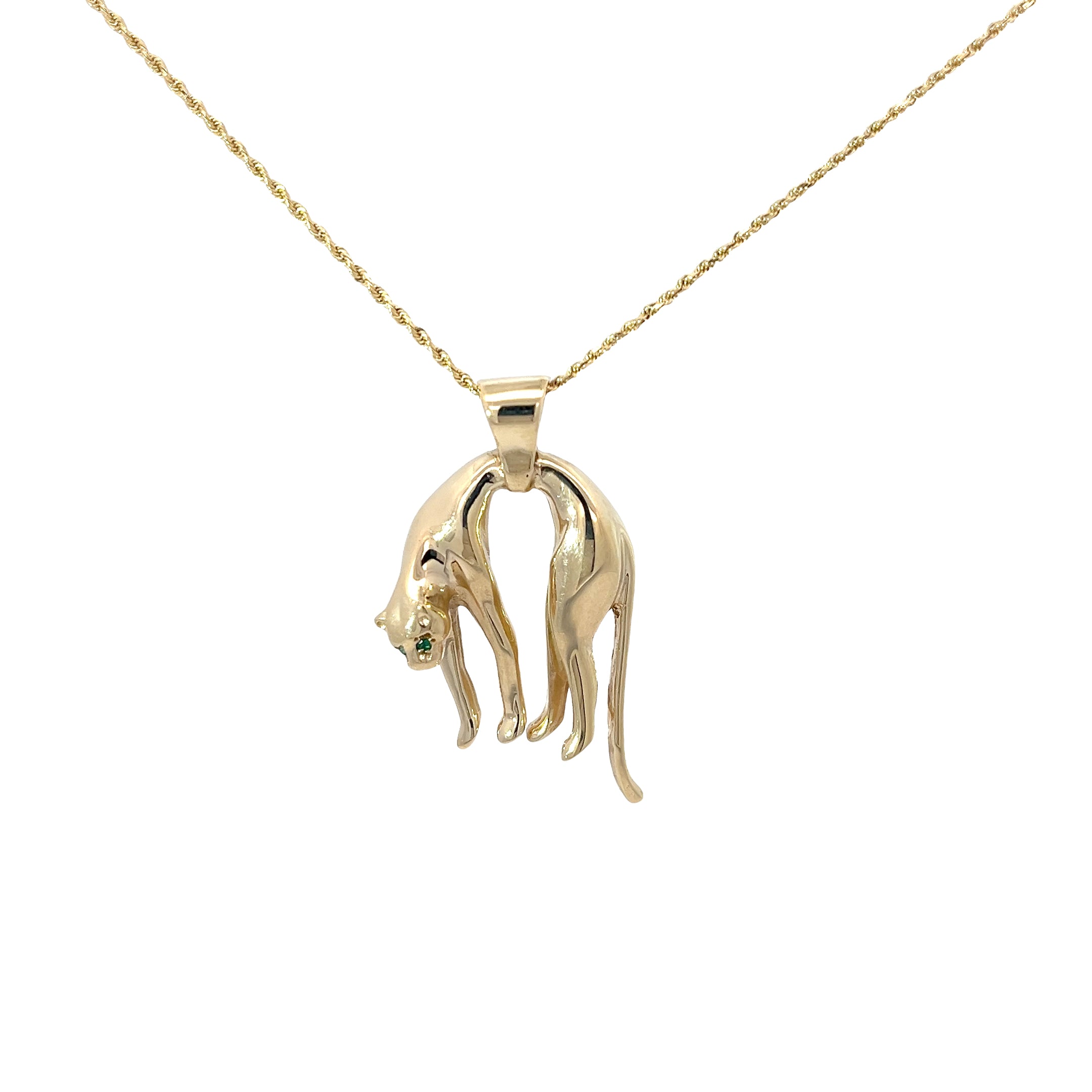 14k Yellow Gold .10ct Round Colombian Emerald Hanging Panther 16"inch Rope Chain Necklace 11.7 Gram
