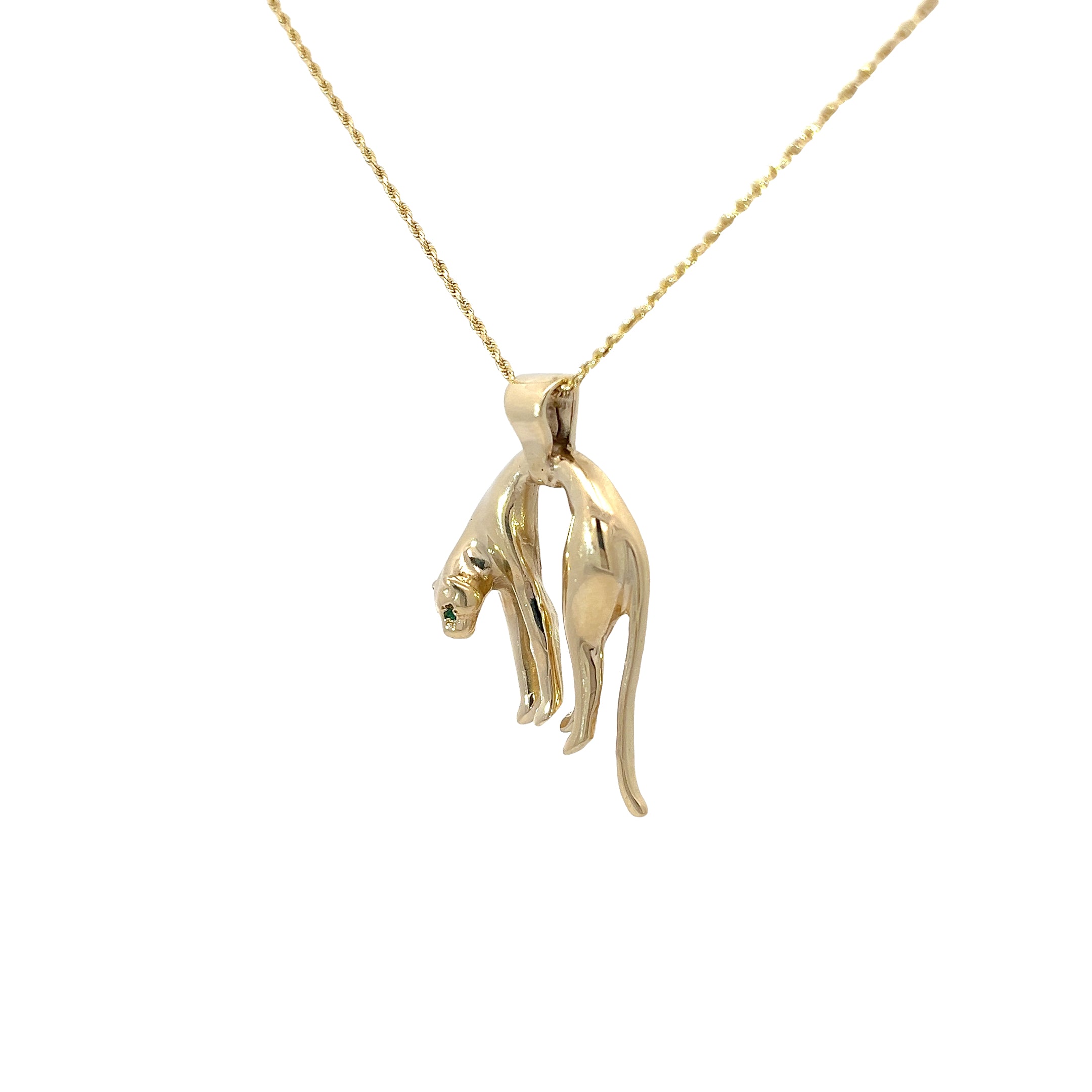 14k Yellow Gold .10ct Round Colombian Emerald Hanging Panther 16"inch Rope Chain Necklace 11.7 Gram