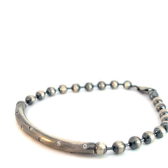 Sterling Silver 16.4 Gram (11) Round Cubic Zirconium on a Bar Beaded Men Bracelet