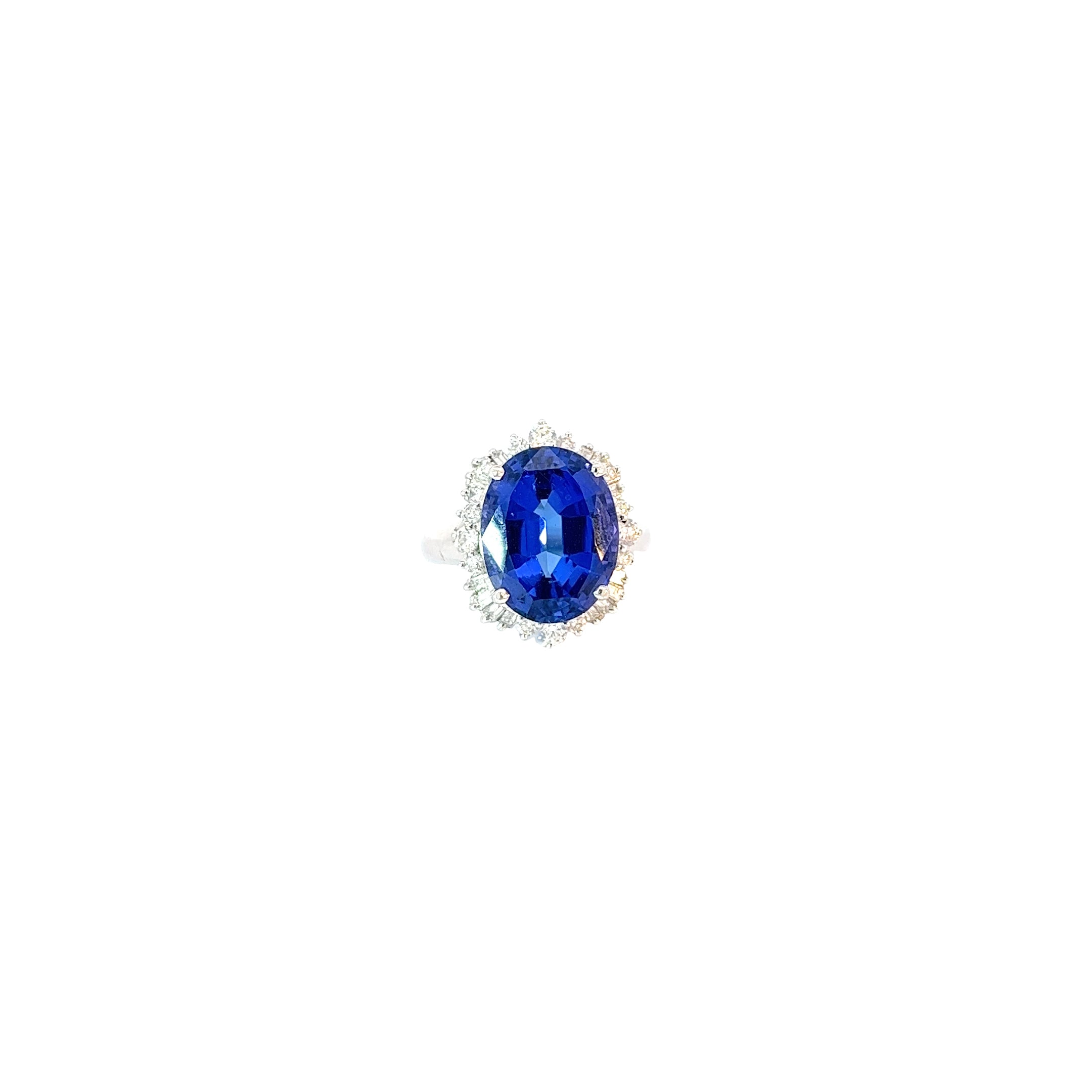 18k White Gold 10.50ct Tanzanite and 1.00ct G VS2 Round and Baguette Diamond Ring