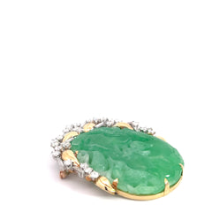 18k Two Tone 32.52 grams Pierced Carving  Oval Shape Mottled Green Jade/ 3.00ct E VS1 Baguette and Round Diamond Vintage (Disc) Jade Certified By GIA# 6237501581
