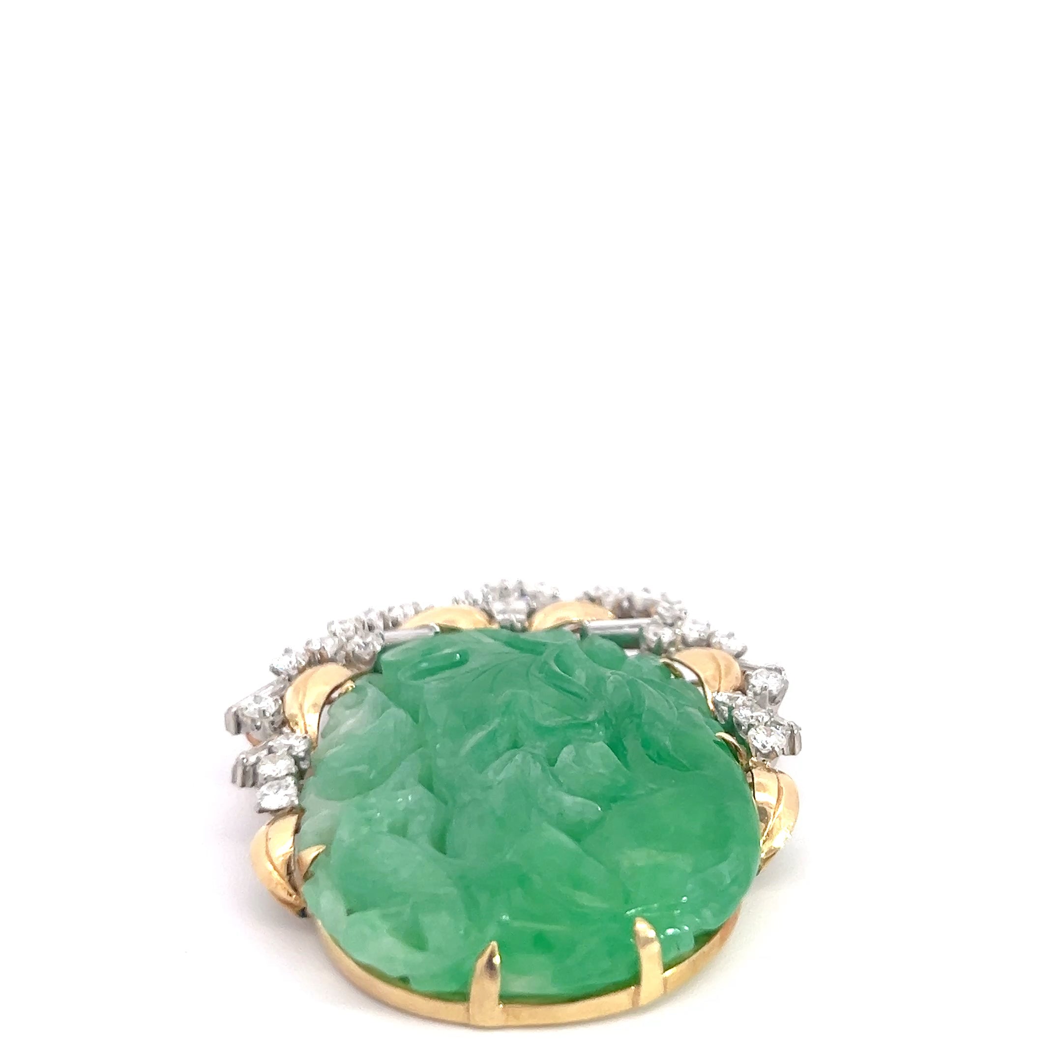 18k Two Tone 32.52 grams Pierced Carving  Oval Shape Mottled Green Jade/ 3.00ct E VS1 Baguette and Round Diamond Vintage (Disc) Jade Certified By GIA# 6237501581