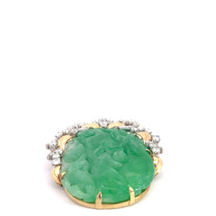 18k Two Tone 32.52 grams Pierced Carving  Oval Shape Mottled Green Jade/ 3.00ct E VS1 Baguette and Round Diamond Vintage (Disc) Jade Certified By GIA# 6237501581