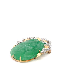 18k Two Tone 32.52 grams Pierced Carving  Oval Shape Mottled Green Jade/ 3.00ct E VS1 Baguette and Round Diamond Vintage (Disc) Jade Certified By GIA# 6237501581
