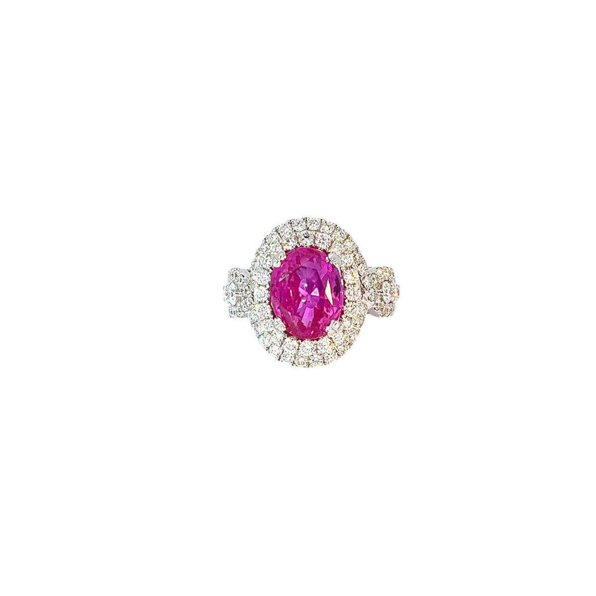 Ladies 18k White Gold Diamond and Purplish Pink Sapphire Ring
