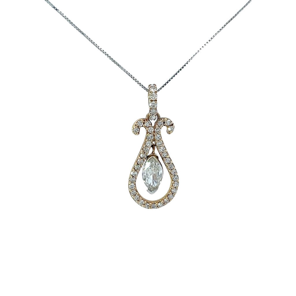 14k Two Toned .62ct Marquise Shape Diamond and .51ct F VS2 Round Diamond Drop Necklace