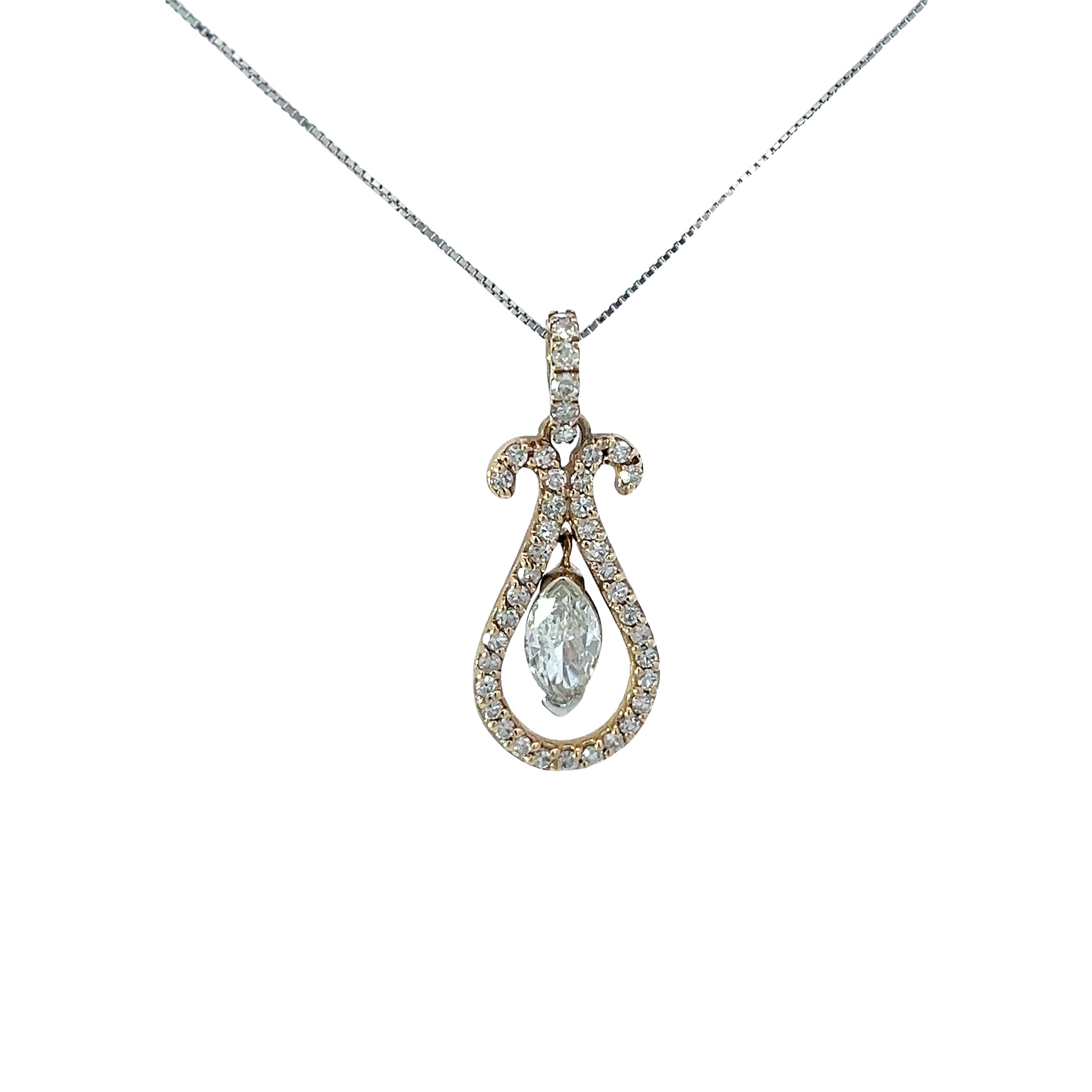 14k Two Toned .62ct Marquise Shape Diamond and .51ct F VS2 Round Diamond Drop Necklace