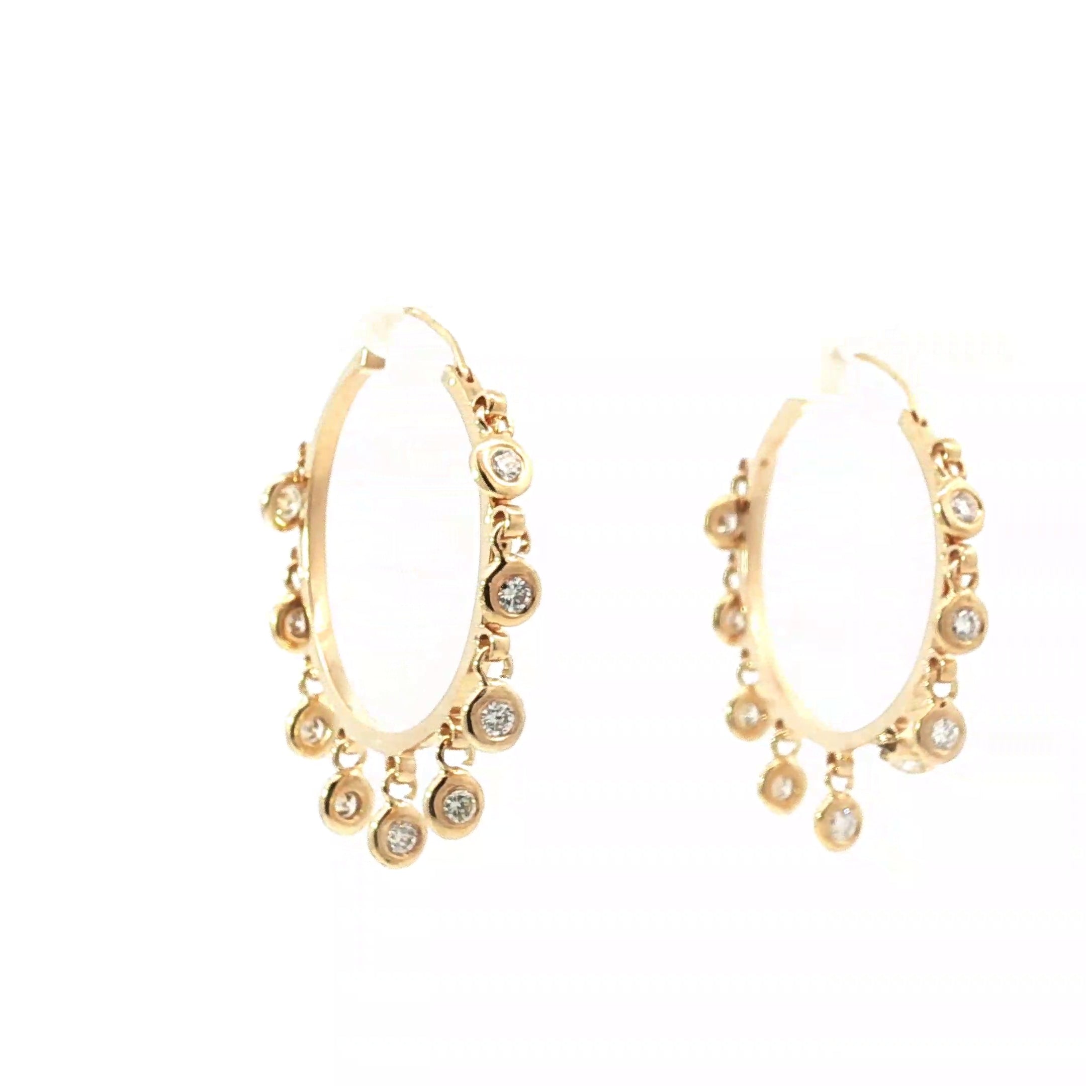 18k Yellow Gold 1.00ct G VS2 Round Dangle Hoop Earrings  1 1/2"