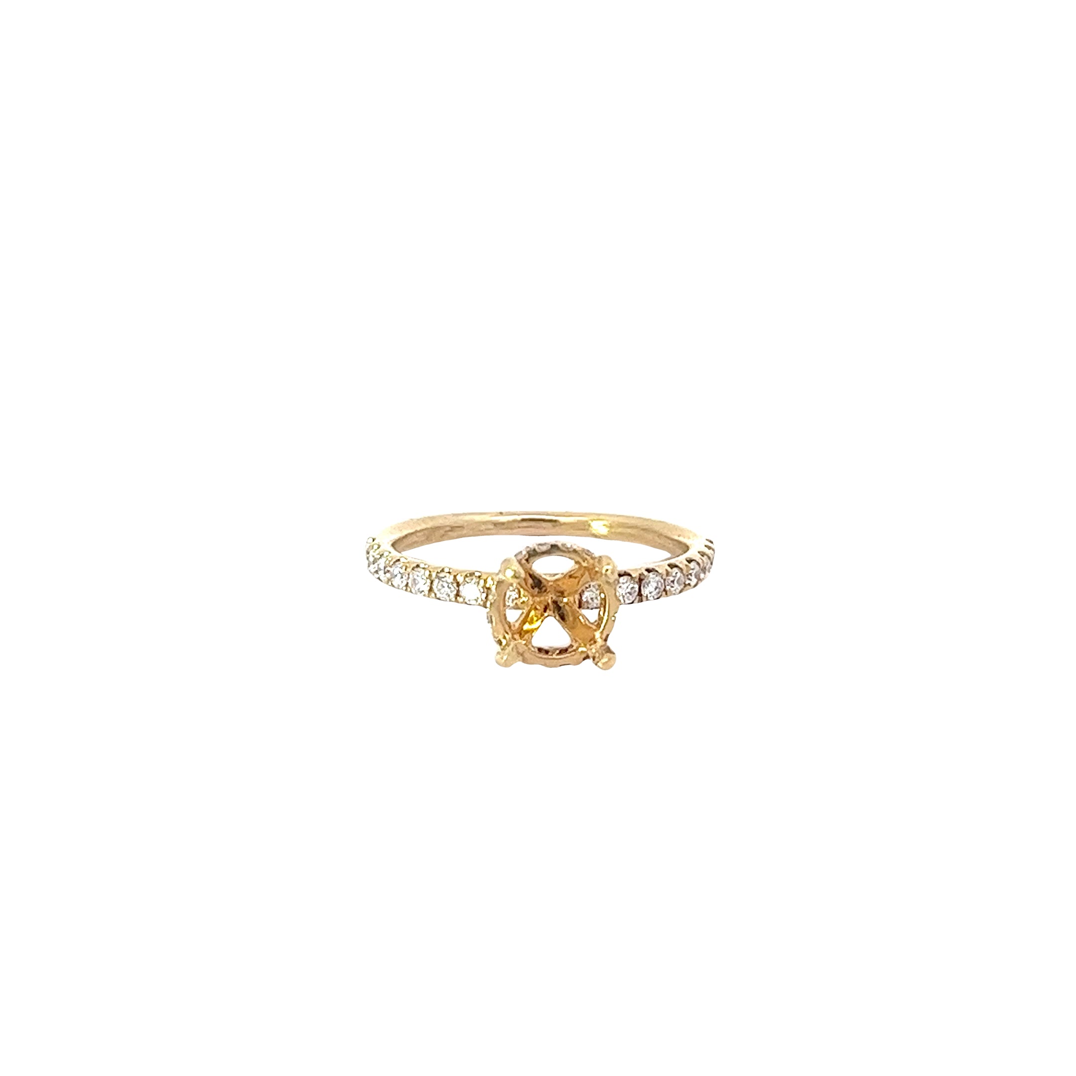 18k Yellow Gold .35ct F VS2 Solitaire Mounting For 1.00ct Round Diamond with Thin Diamond Shank and Under Halo