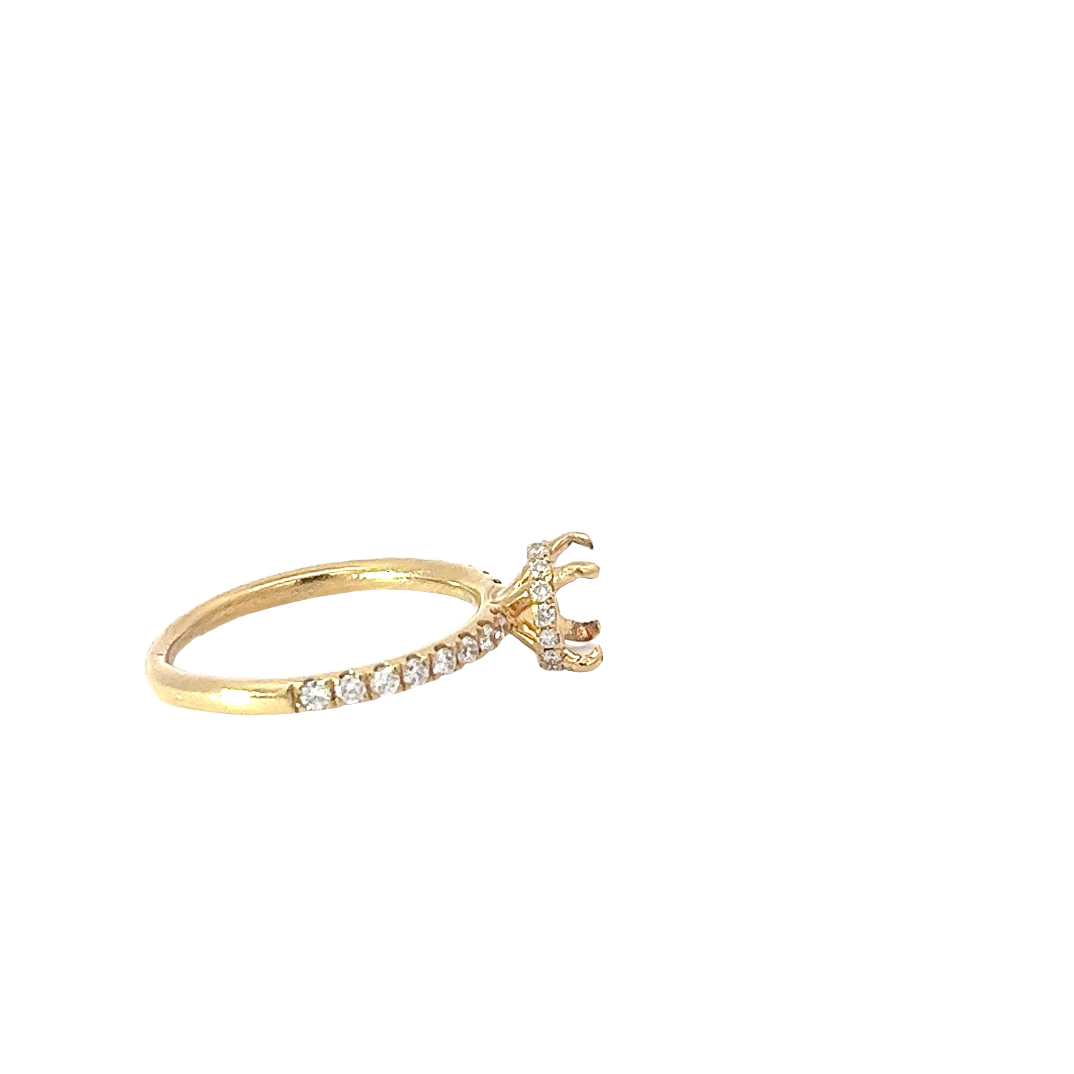 18k Yellow Gold .35ct F VS2 Solitaire Mounting For 1.00ct Round Diamond with Thin Diamond Shank and Under Halo
