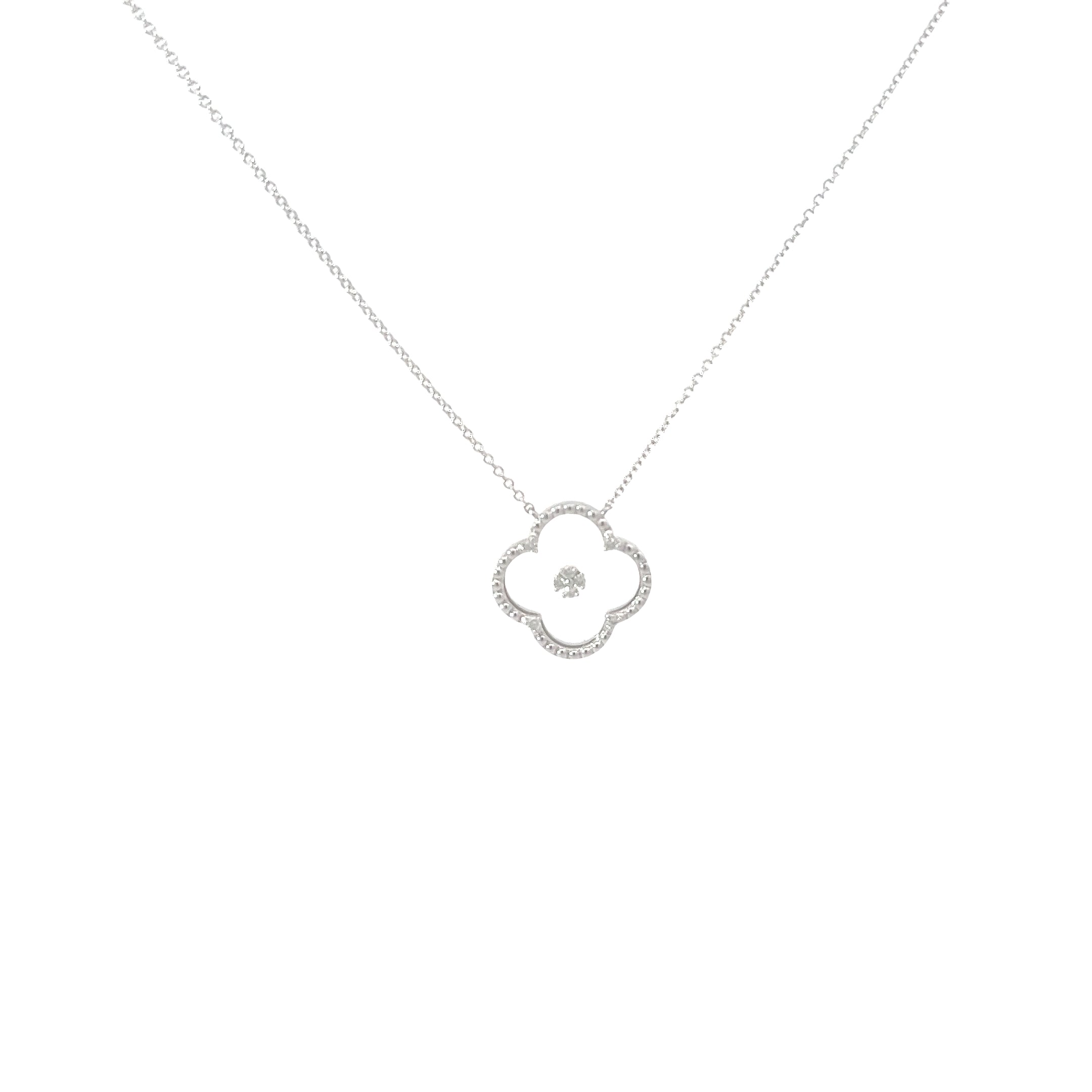 14k White Gold .10ct G SI1 Round Diamond Dotted Clover Leaf Necklace