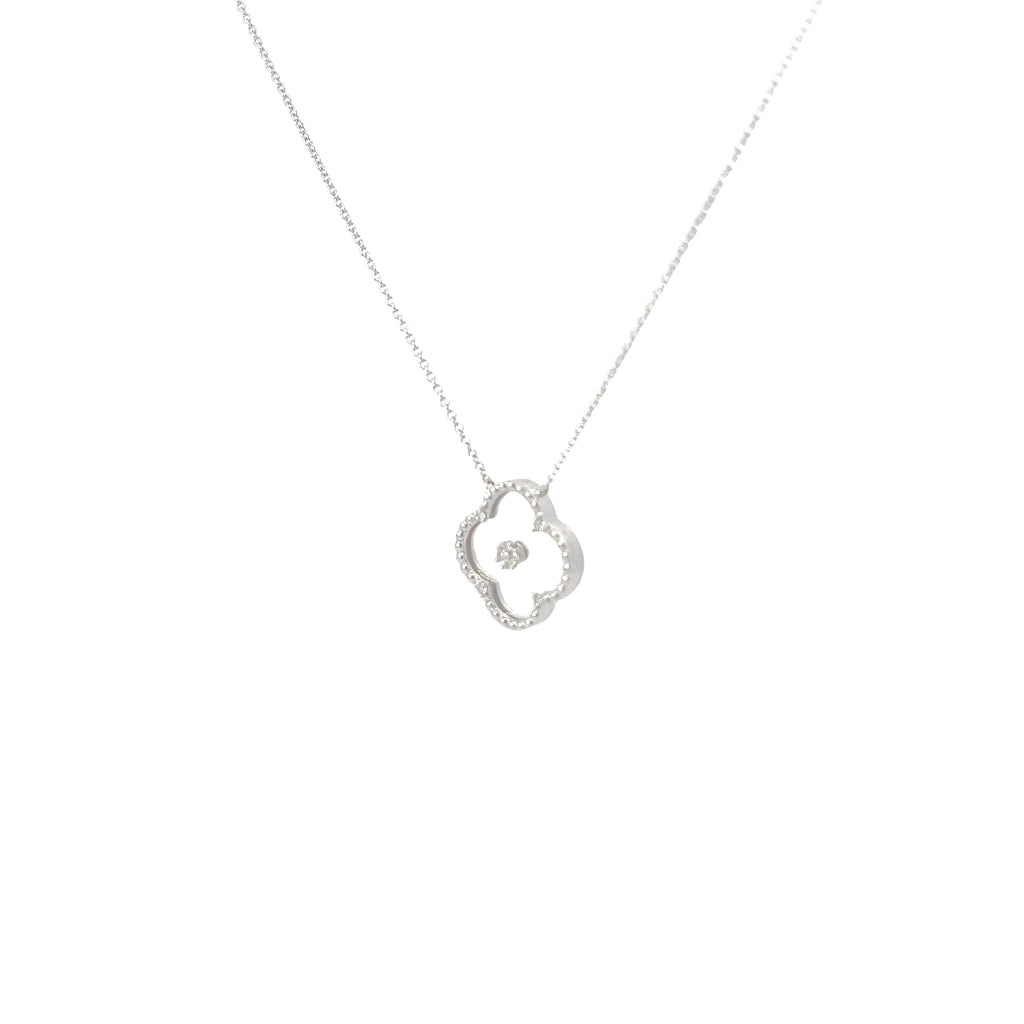 14k White Gold .10ct G SI1 Round Diamond Dotted Clover Leaf Necklace