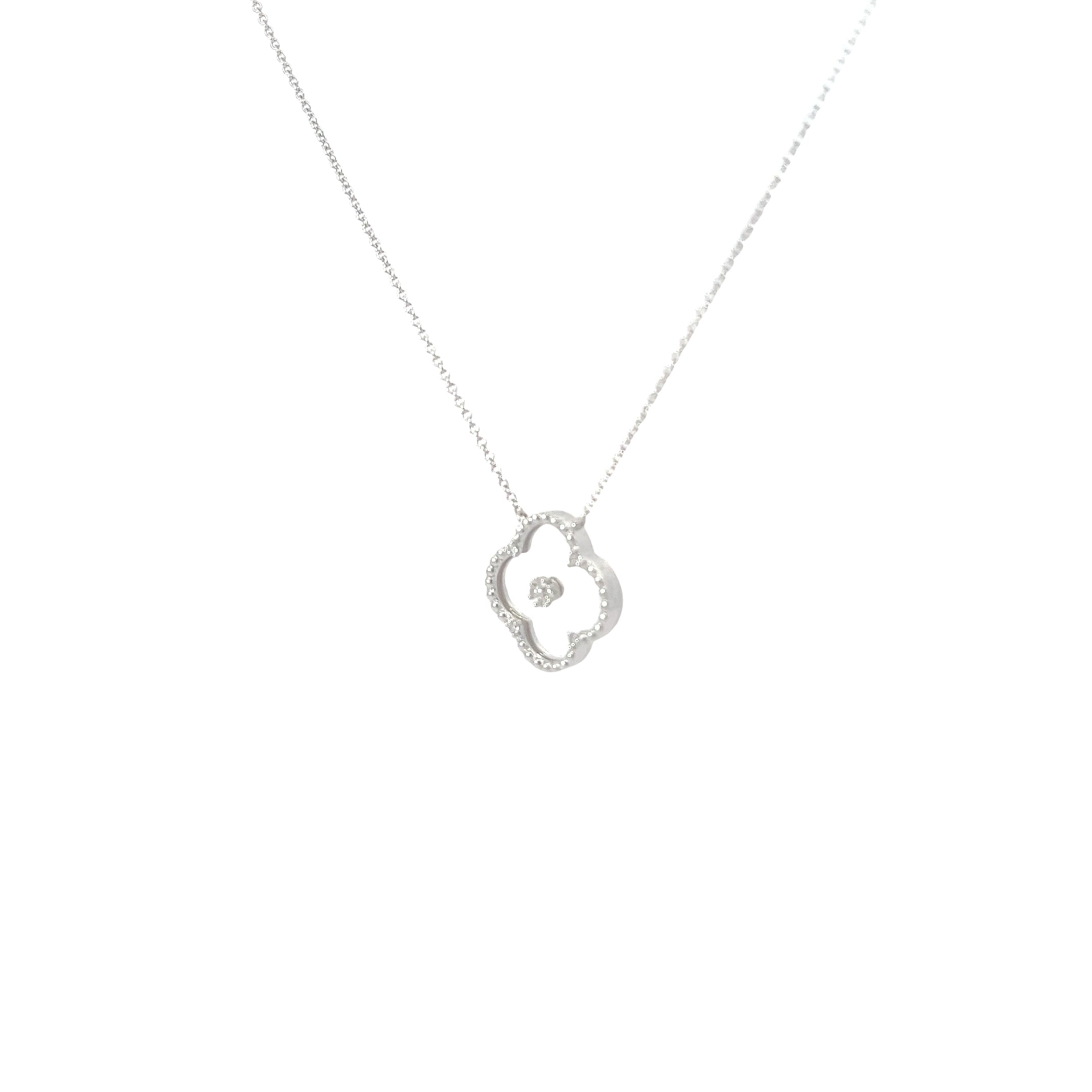 14k White Gold .10ct G SI1 Round Diamond Dotted Clover Leaf Necklace