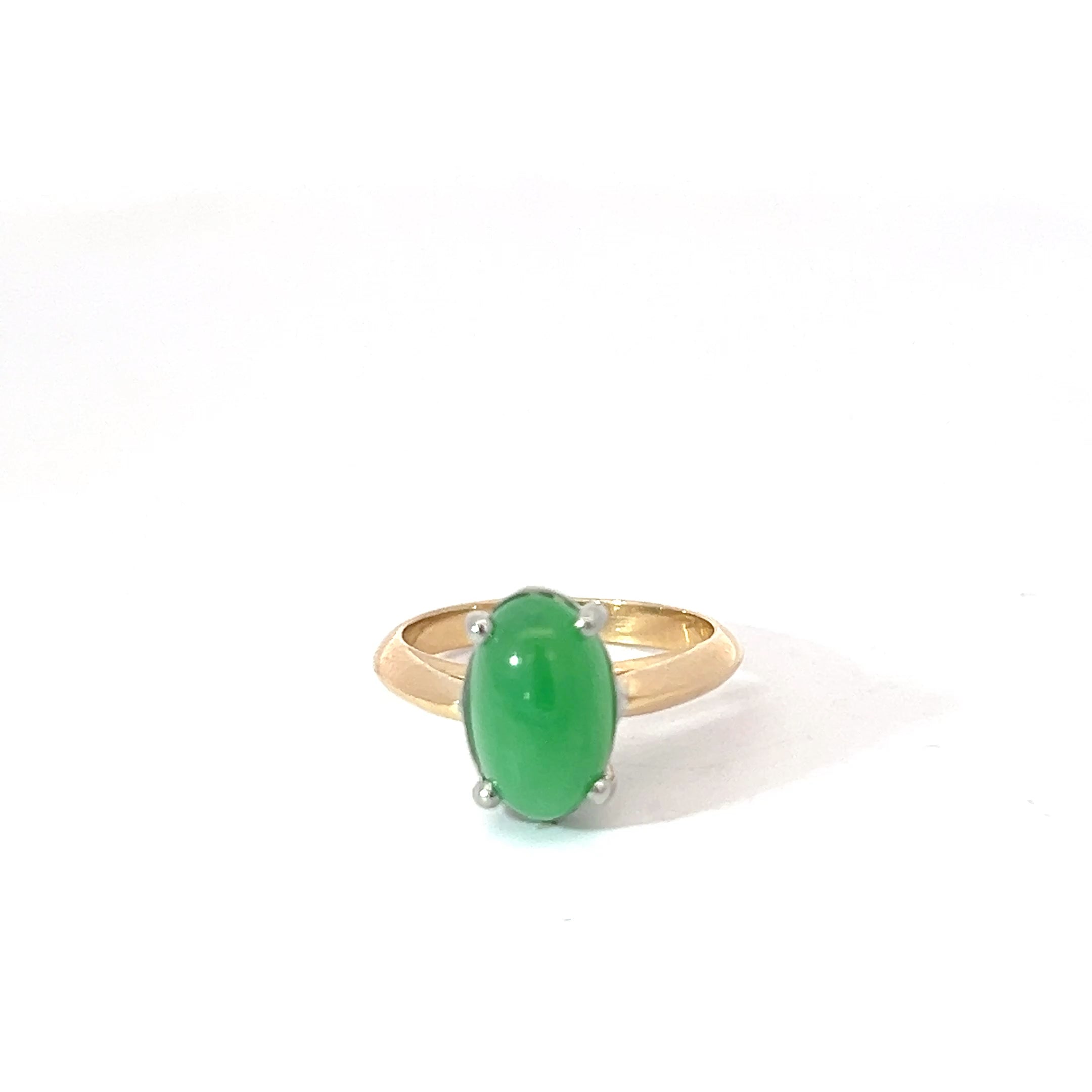 14k Yellow Gold 3.31ct Oval Cabochon Colombian Emerald 4 Prong Cathedral Setting Ring
