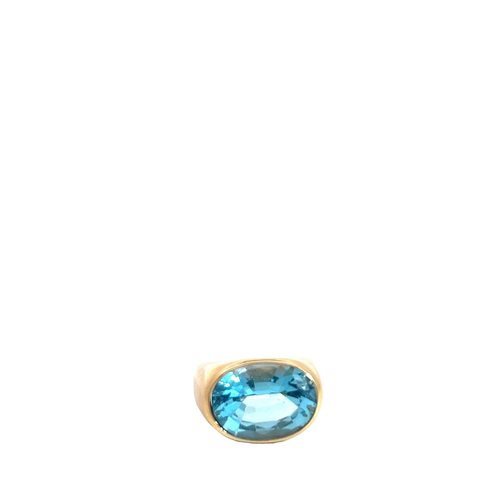 18k Yellow Gold Oval 16 x 12 Blue Topaz Signet Solitaire Ring  13.5 gram Size 5