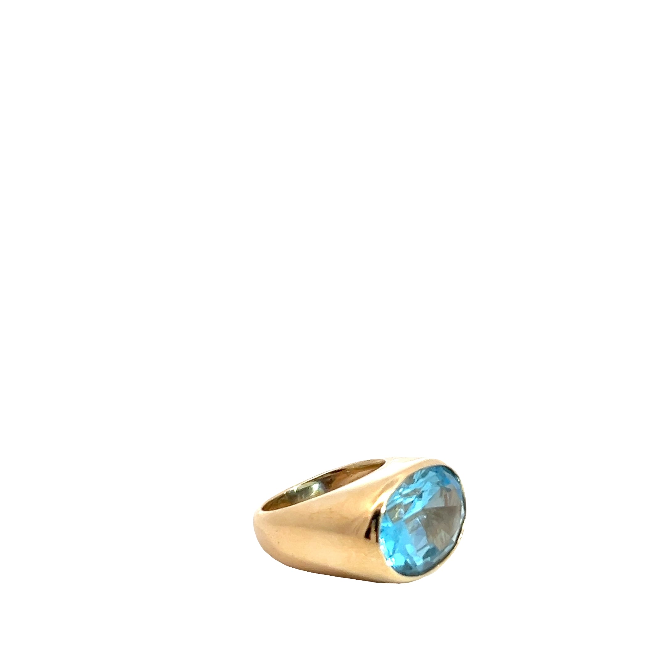18k Yellow Gold Oval 16 x 12 Blue Topaz Signet Solitaire Ring  13.5 gram Size 5