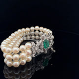 18k White Gold 2.00ct Emerald Shape Colombian Emerald/ 1.50ct F VS2 Round Diamond and Fresh Water White Pearl Vintage  Bracelet