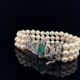 18k White Gold 2.00ct Emerald Shape Colombian Emerald/ 1.50ct F VS2 Round Diamond and Fresh Water White Pearl Vintage  Bracelet