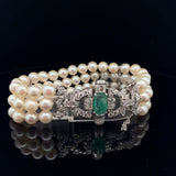 18k White Gold 2.00ct Emerald Shape Colombian Emerald/ 1.50ct F VS2 Round Diamond and Fresh Water White Pearl Vintage  Bracelet