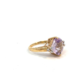14k Yellow Gold 5.00ct Checked Broad Cushion Cut Amethyst and .05ct G SI1 Round Diamond Ring 12x12
