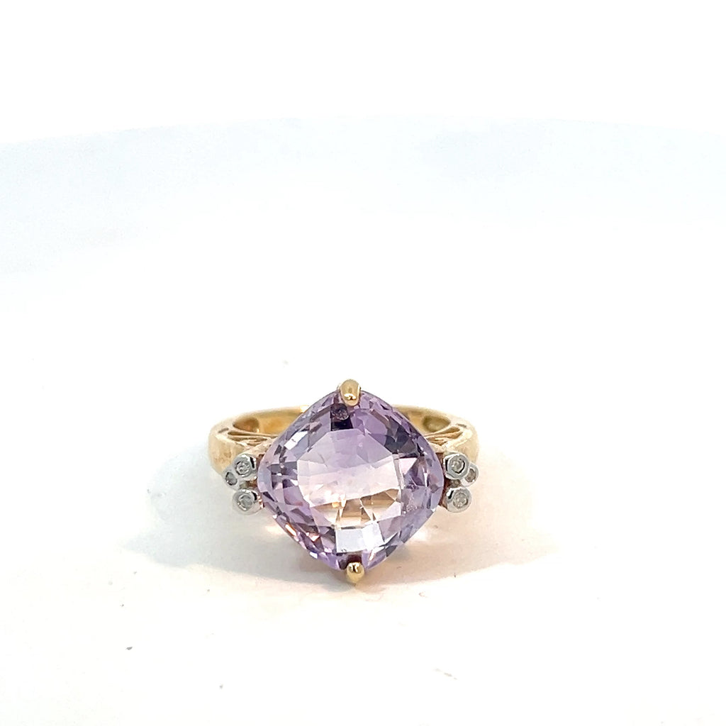 14k Yellow Gold 5.00ct Checked Broad Cushion Cut Amethyst and .05ct G SI1 Round Diamond Ring 12x12