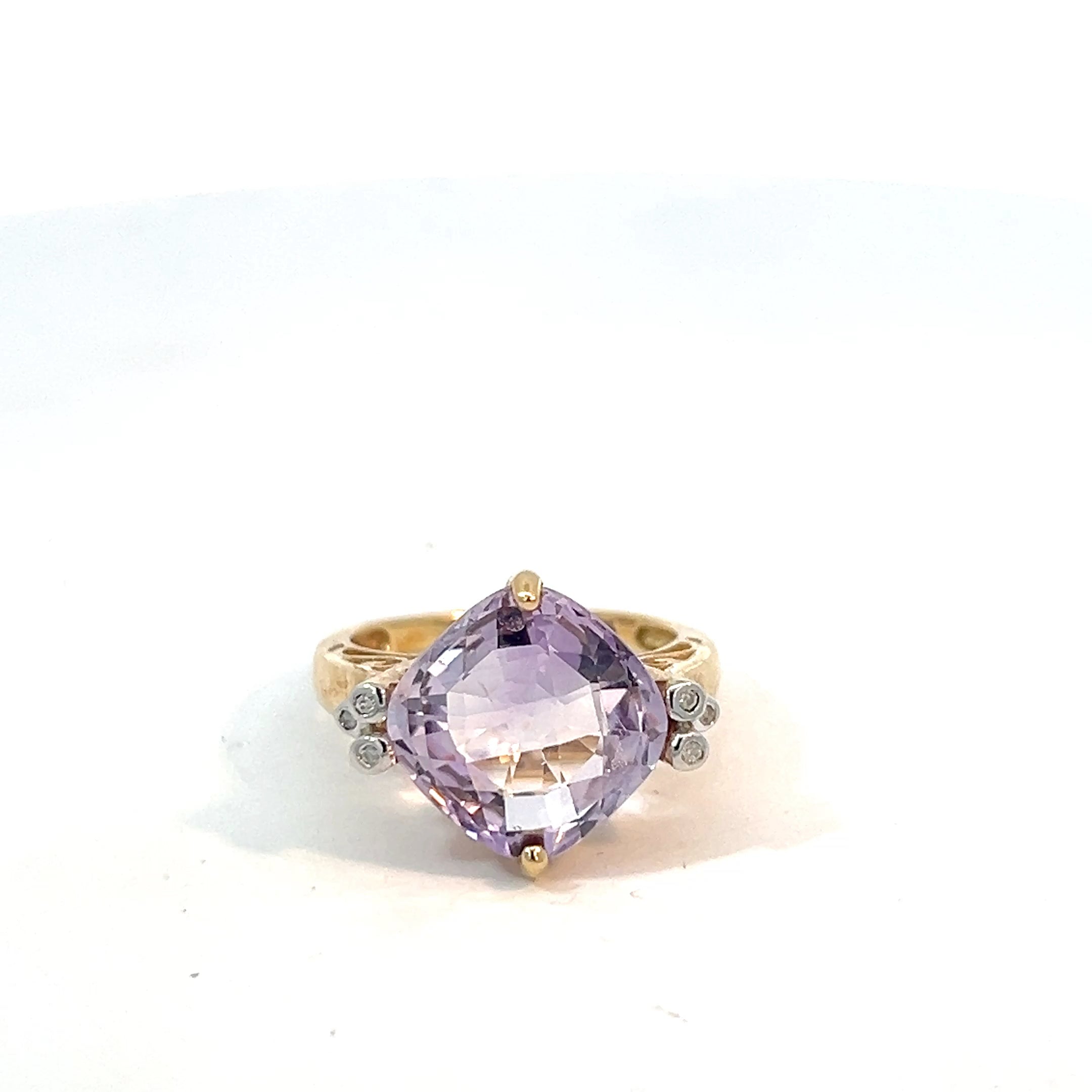 14k Yellow Gold 5.00ct Checked Broad Cushion Cut Amethyst and .05ct G SI1 Round Diamond Ring 12x12