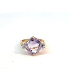 14k Yellow Gold 5.00ct Checked Broad Cushion Cut Amethyst and .05ct G SI1 Round Diamond Ring 12x12
