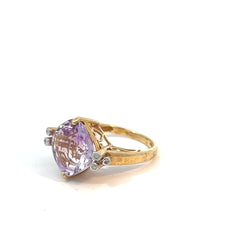14k Yellow Gold 5.00ct Checked Broad Cushion Cut Amethyst and .05ct G SI1 Round Diamond Ring 12x12