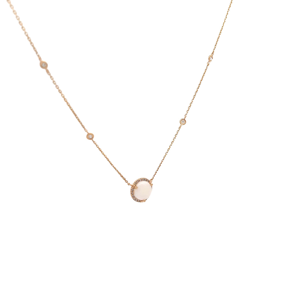 14K YELLOW GOLD  1CT ROUND OPAL AND .20CT HALO DIAMOND 18" INCHE NECKLACE