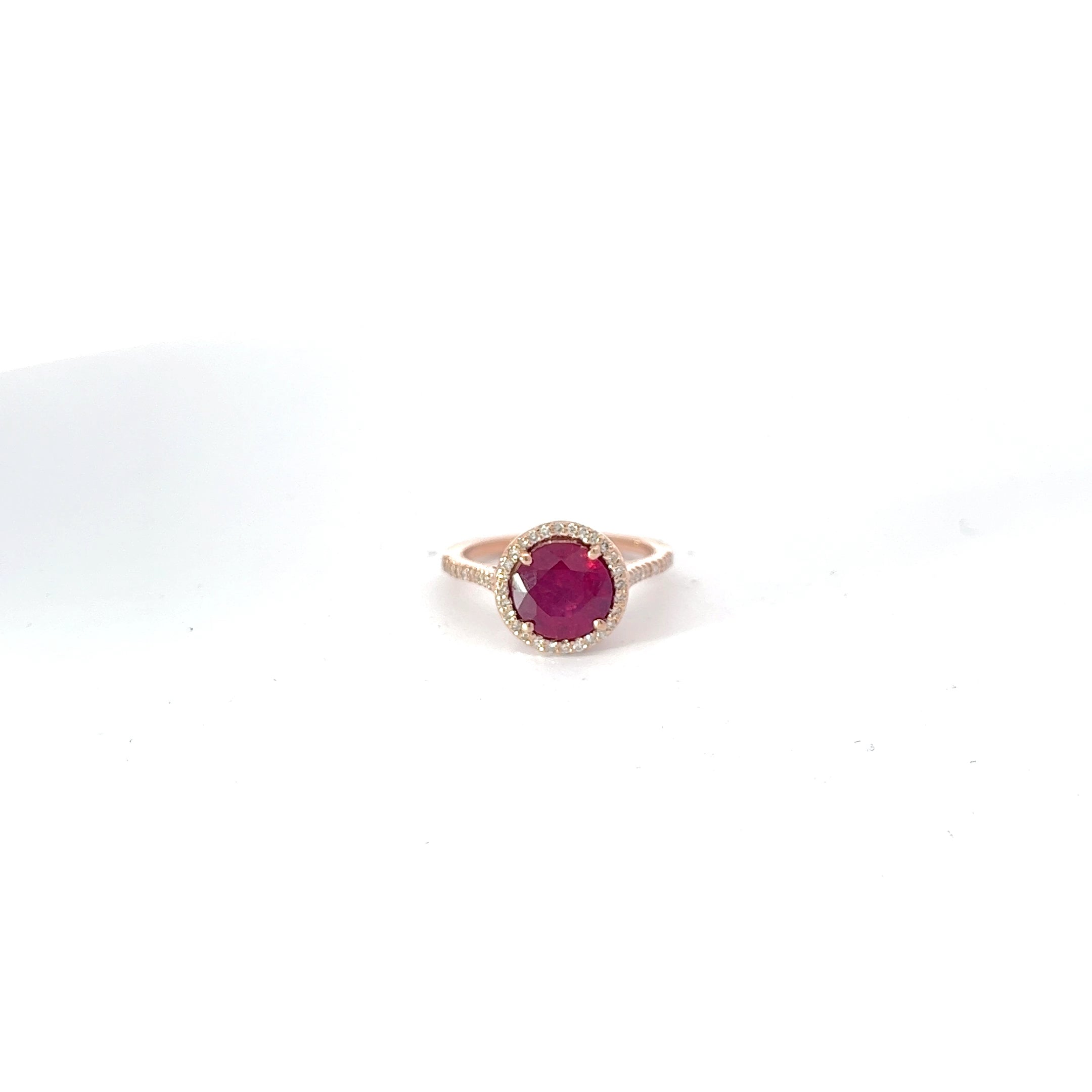 14K ROSE GOLD 1.50CT TREATED ROUND RUBY AND .25CT G SI1 ROUND RING