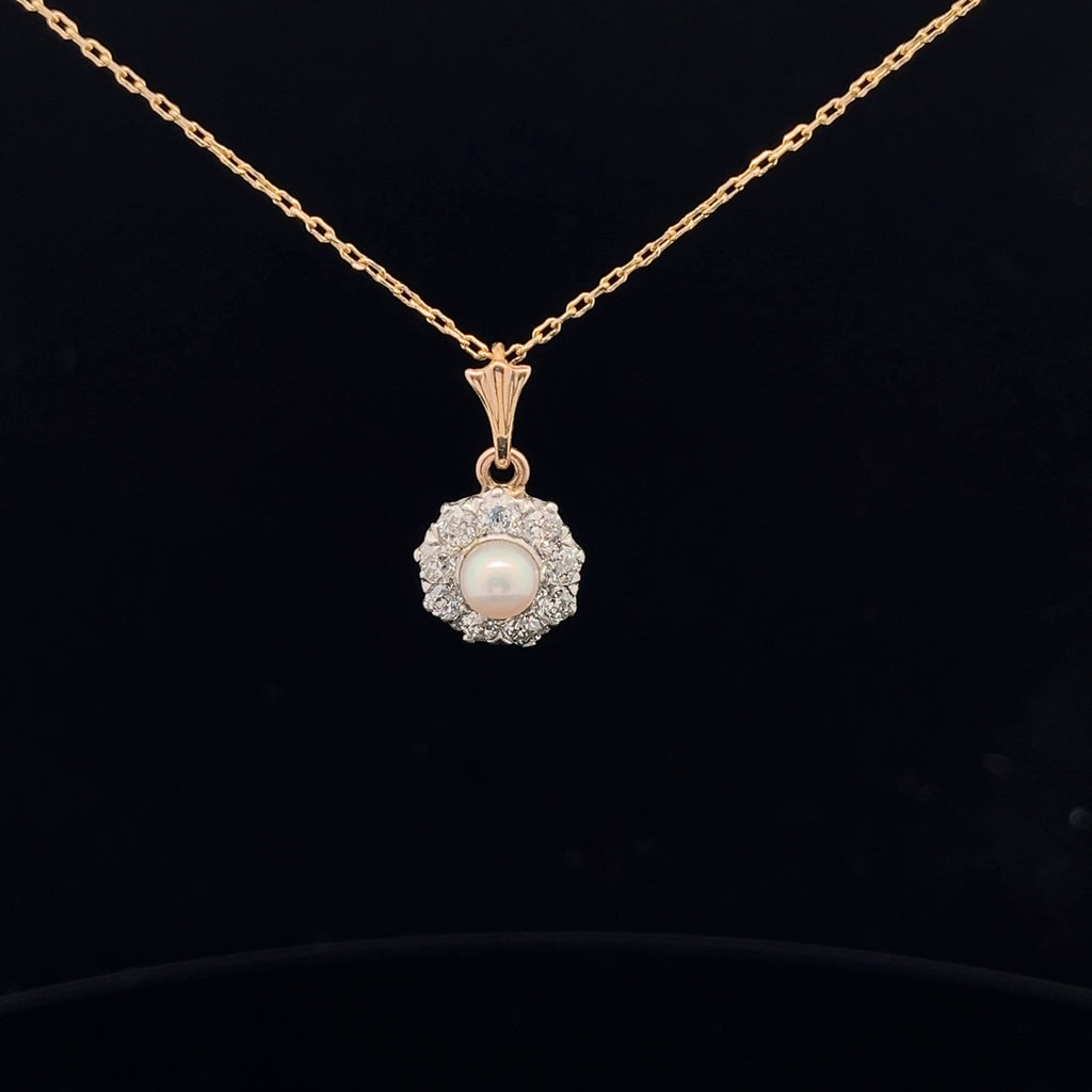 14k Yellow Gold / Platinum .70ct H/I  SI1 Round Diamond Edwardian Old European Cut and Fresh Water White Pearl Vintage  Necklace