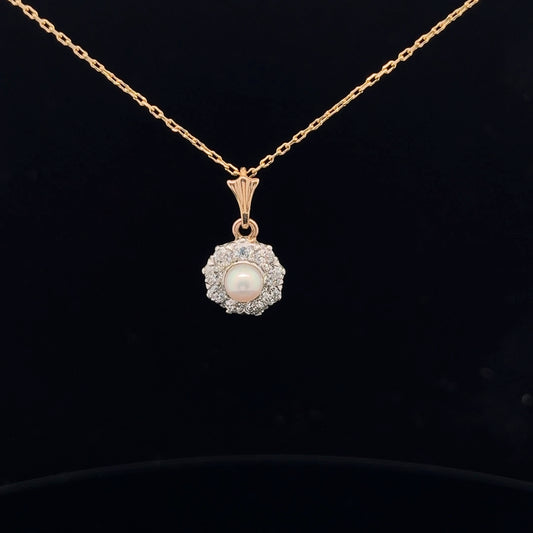 14k Yellow Gold / Platinum .70ct H/I SI1 Round Diamond Edwardian Old European Cut and Fresh Water White Pearl Vintage Necklace