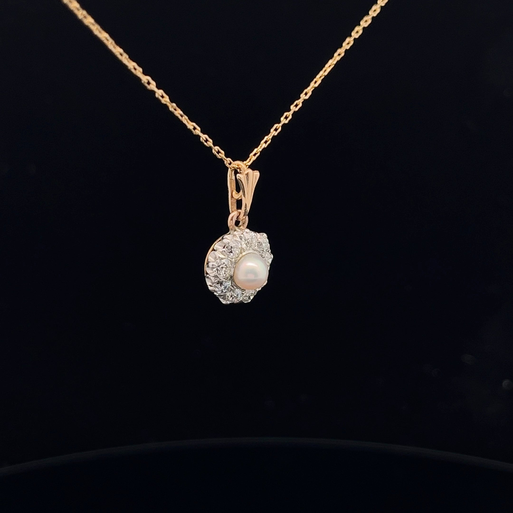 14k Yellow Gold / Platinum .70ct H/I  SI1 Round Diamond Edwardian Old European Cut and Fresh Water White Pearl Vintage  Necklace