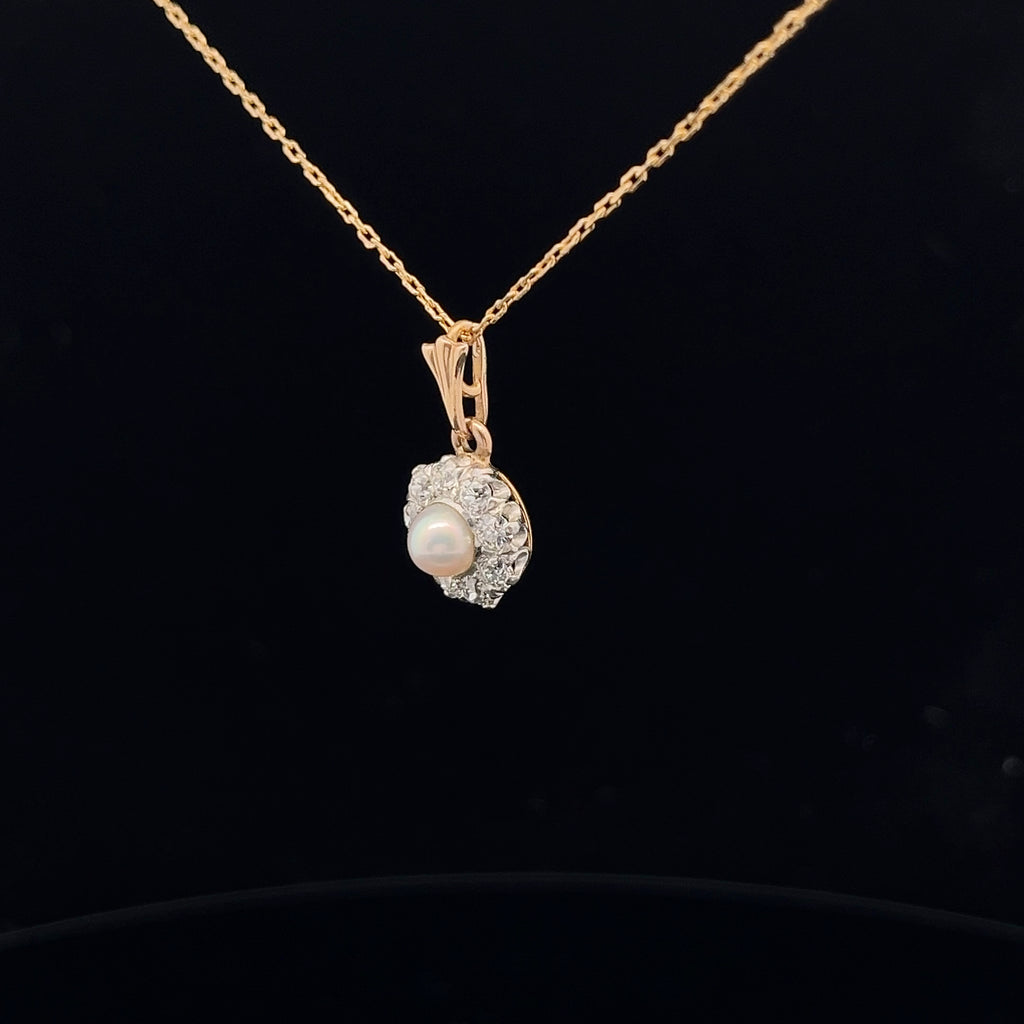 14k Yellow Gold / Platinum .70ct H/I  SI1 Round Diamond Edwardian Old European Cut and Fresh Water White Pearl Vintage  Necklace