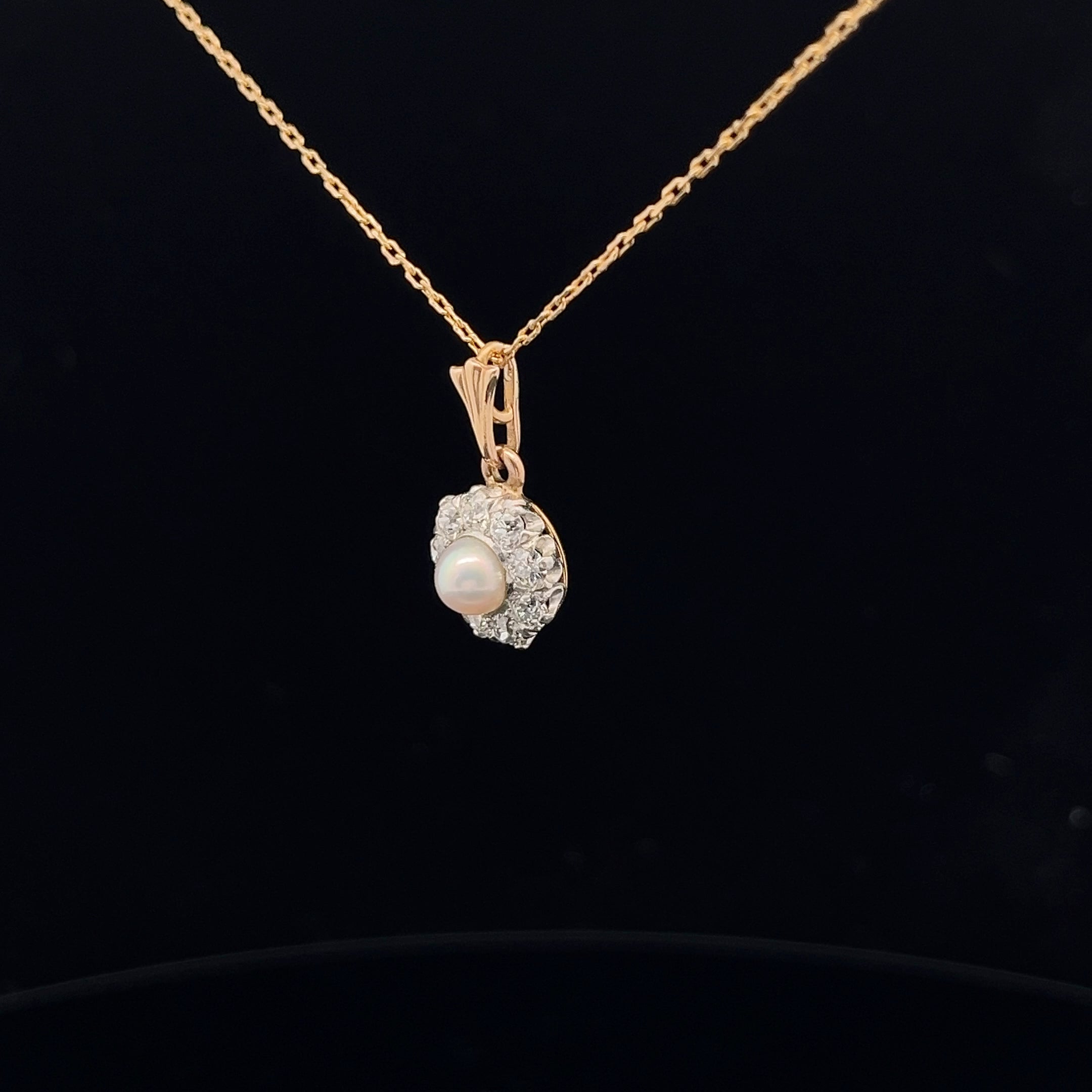 14k Yellow Gold / Platinum .70ct H/I  SI1 Round Diamond Edwardian Old European Cut and Fresh Water White Pearl Vintage  Necklace