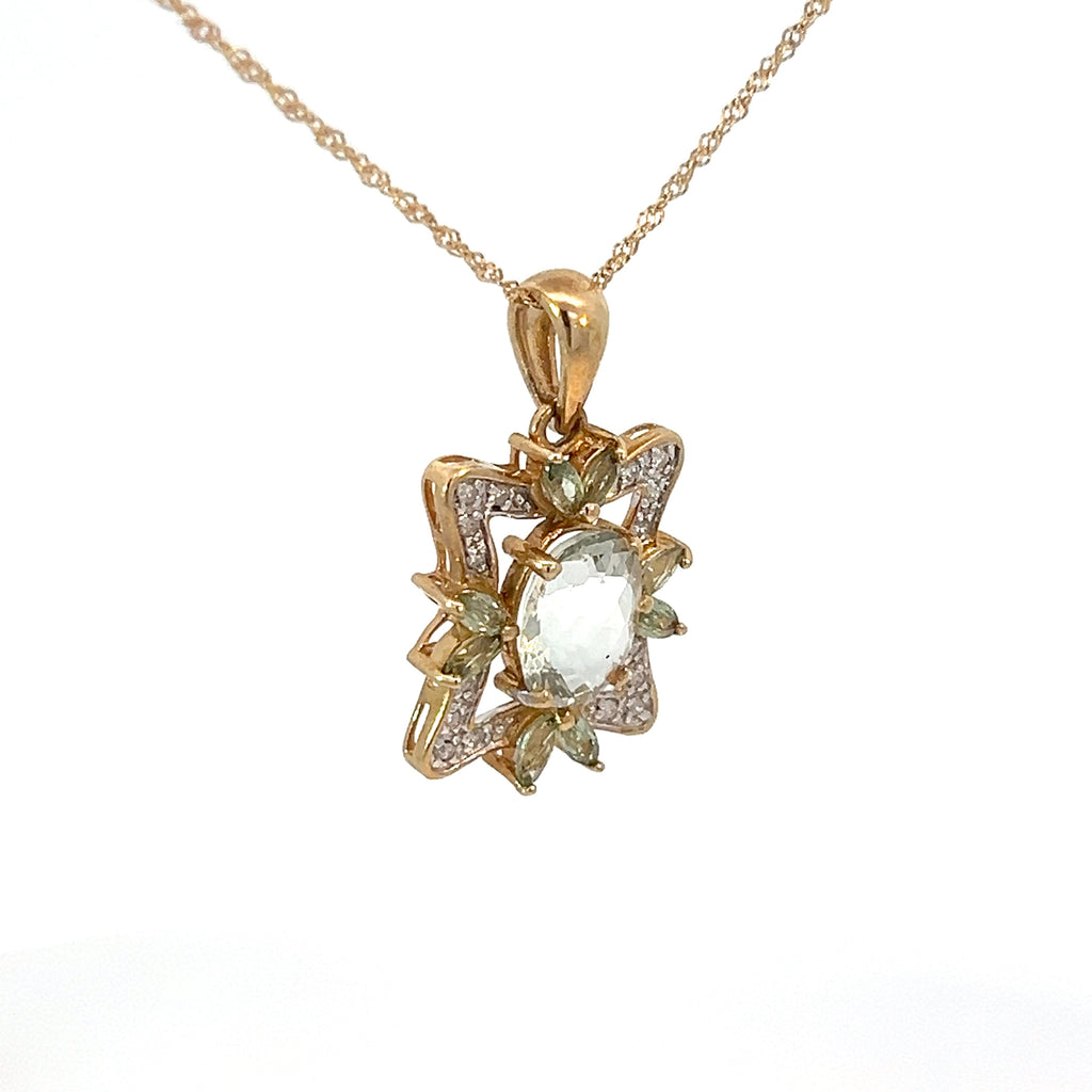14k Yellow Gold Green Amethyst Oval Shape and Round Diamond Pendant 20" inch 5.3 gram