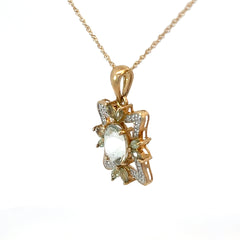 14k Yellow Gold Green Amethyst Oval Shape and Round Diamond Pendant 20" inch 5.3 gram